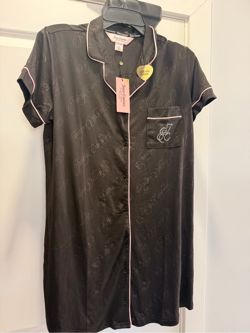 Juicy Couture Black Satin Short-Sleeve Nightshirt with Pink Piping